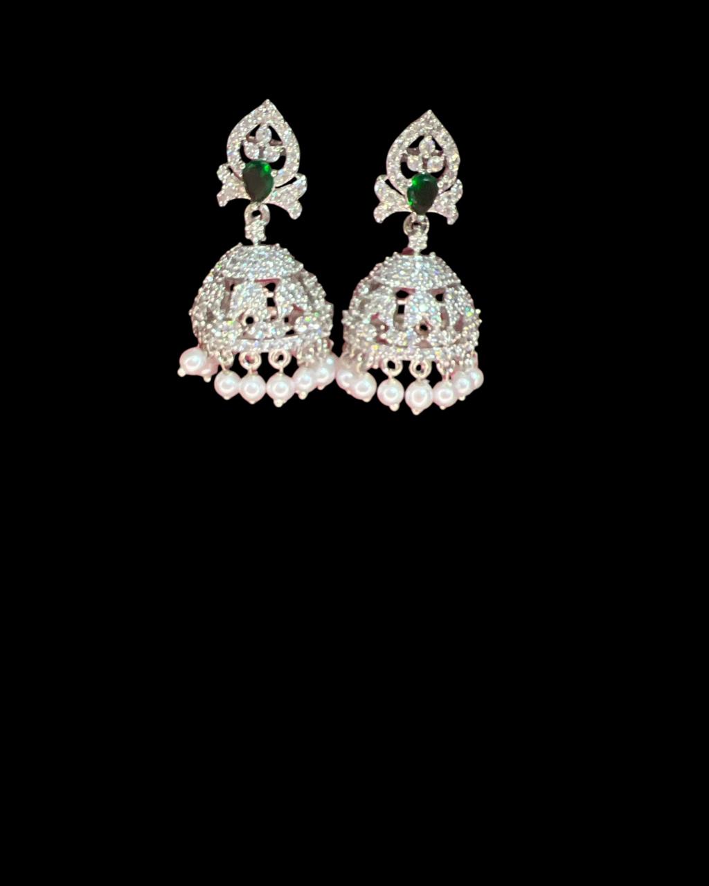 Chandrika Silver-Green CZ Jhumkas