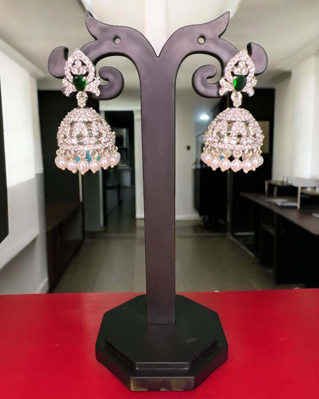 Chandrika Silver-Green CZ Jhumkas