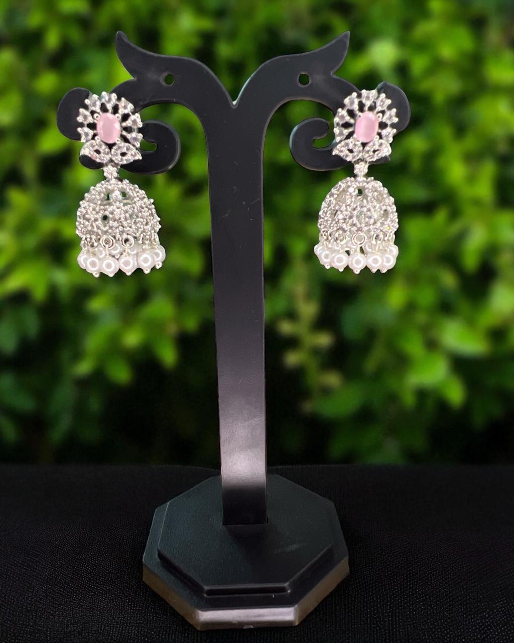Chandrika Silver-Pink CZ Jhumkas