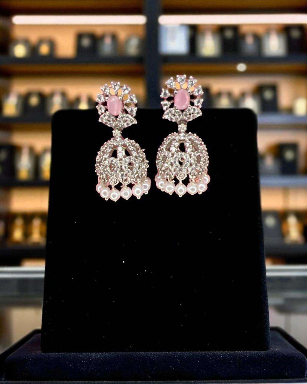 Chandrika Silver-Pink CZ Jhumkas