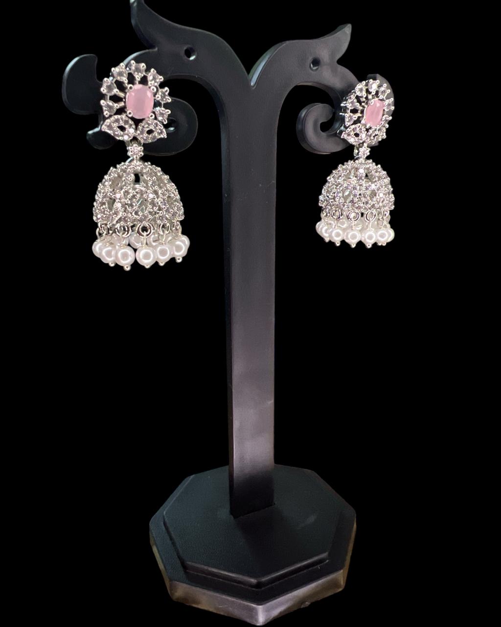 Chandrika Silver-Pink CZ Jhumkas