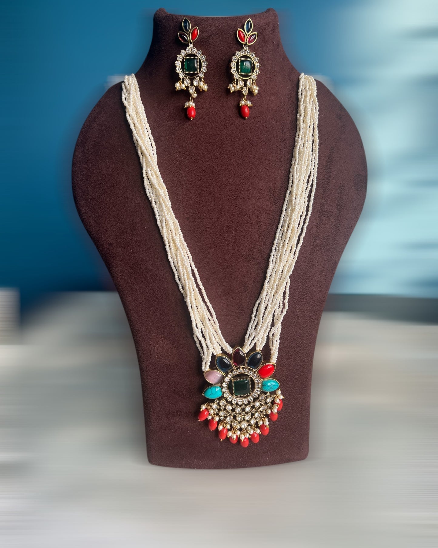 Navratna long beaded Necklace set
