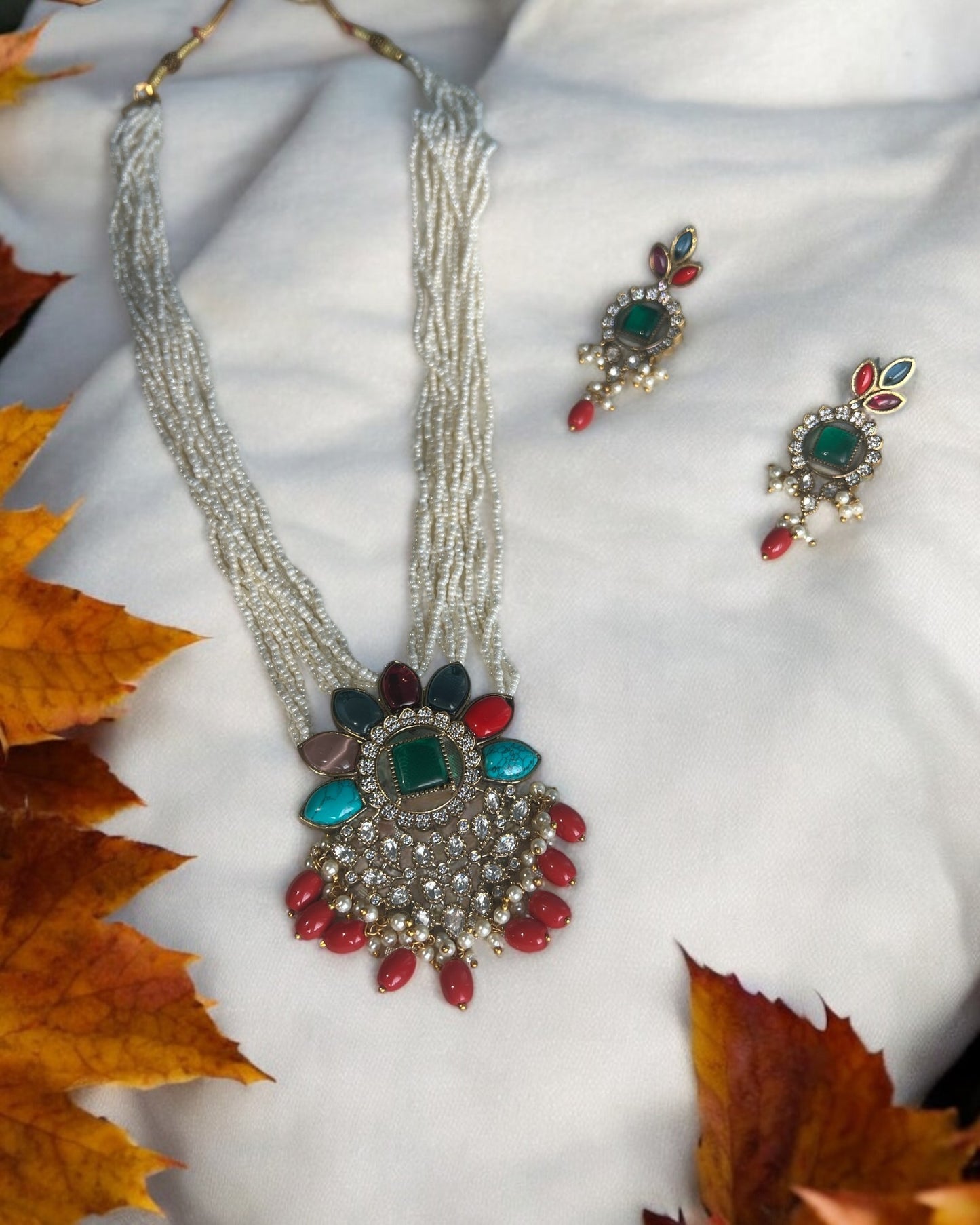 Navratna long beaded Necklace set
