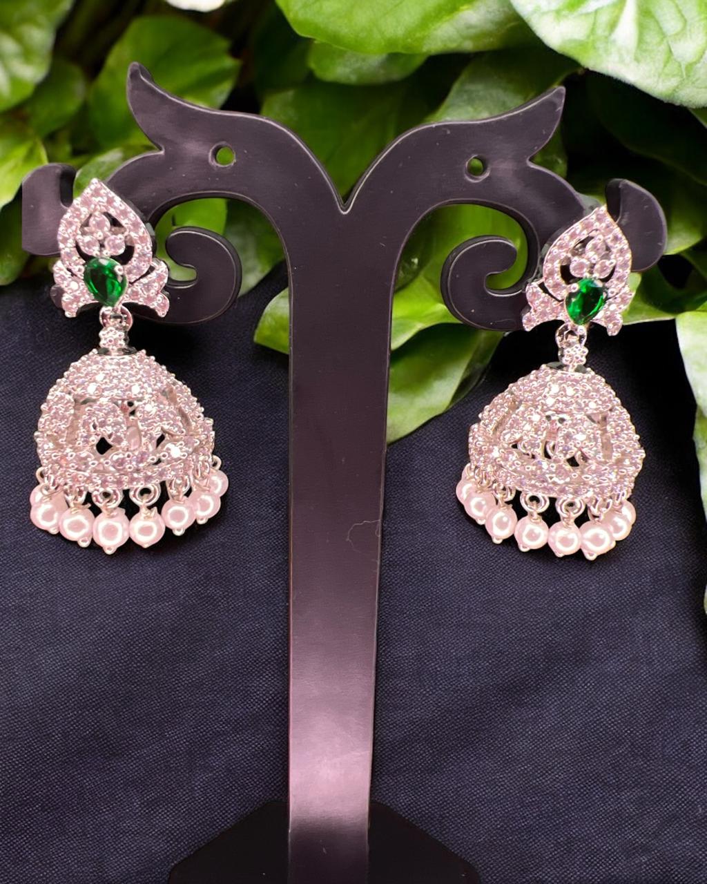 Chandrika Silver-Green CZ Jhumkas
