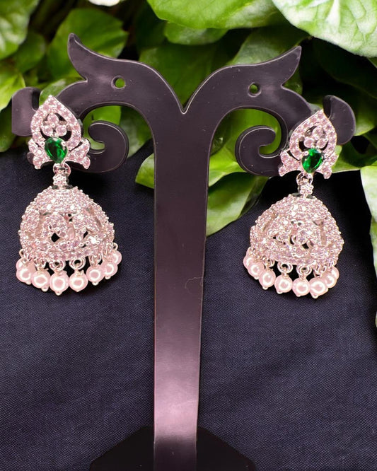 Chandrika Silver-Green CZ Jhumkas