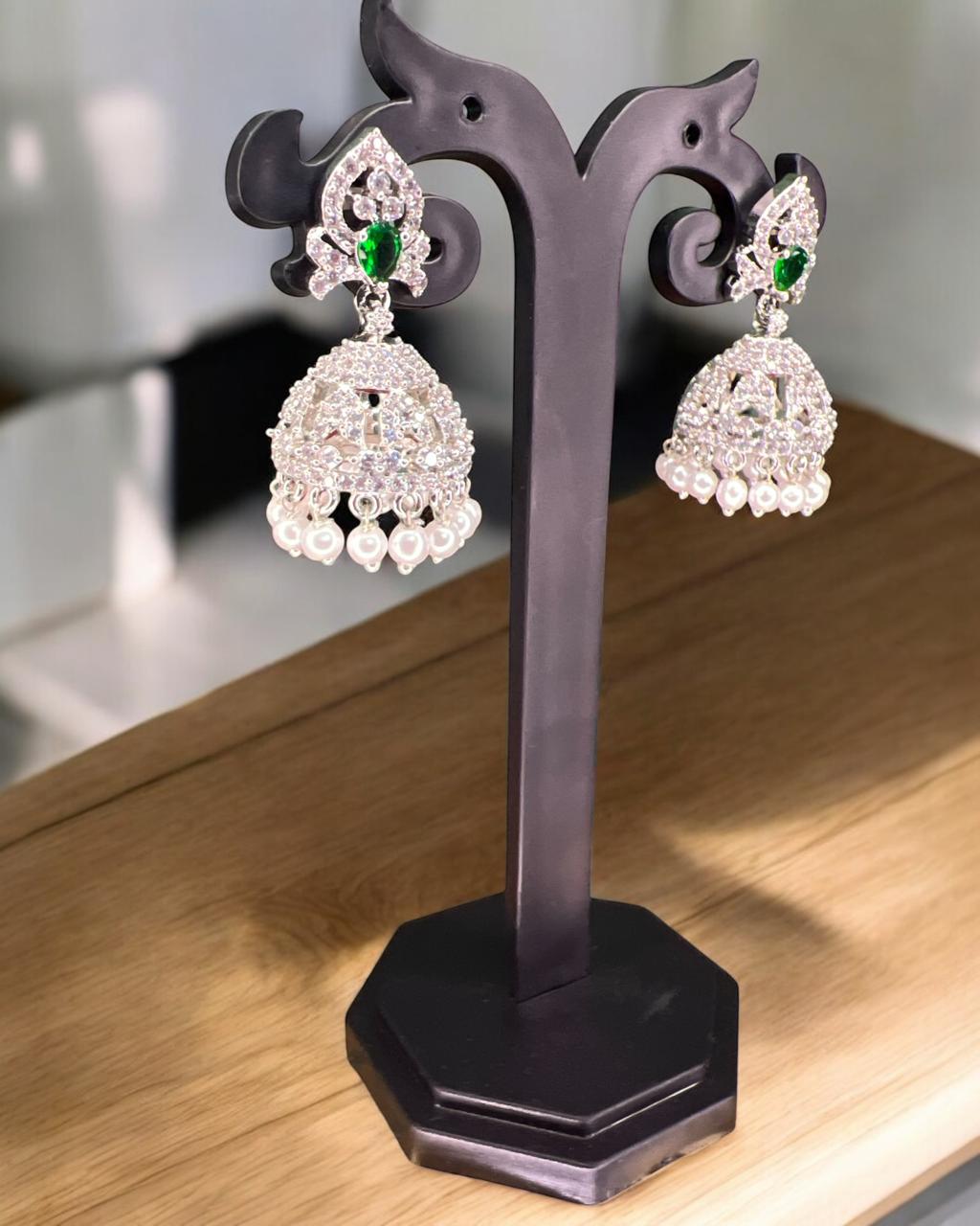 Chandrika Silver-Green CZ Jhumkas