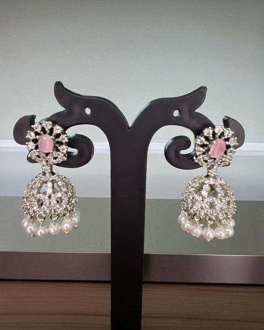 Chandrika Silver-Pink CZ Jhumkas